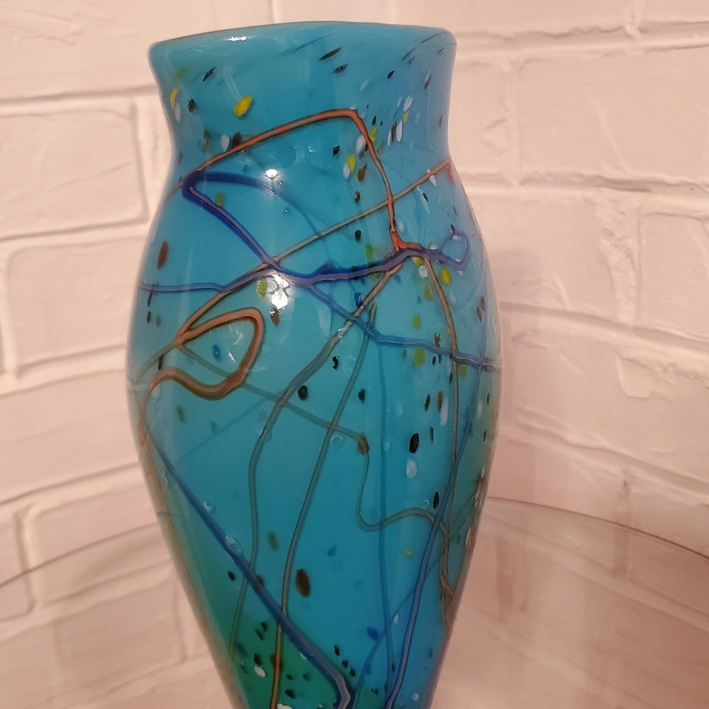 Postmodern Vintage 90s hand blow Studio Art Glass aque blue abstract vase - Picture 8 of 16